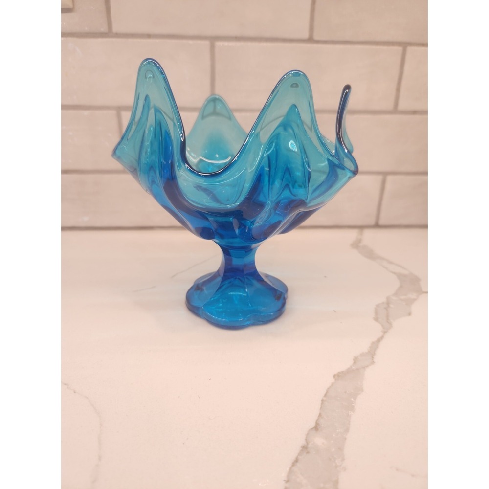 Vintage MCM L.E. Smith Glass Blue Six Petal Compote Pedestal Candy Dish‎ Bowl